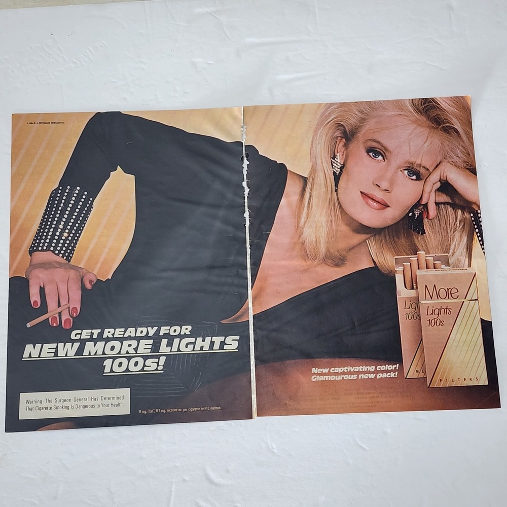 Vtg 1985 More Lights 100s Cigarettes Print Ad Blonde Model 2 Page Clipping